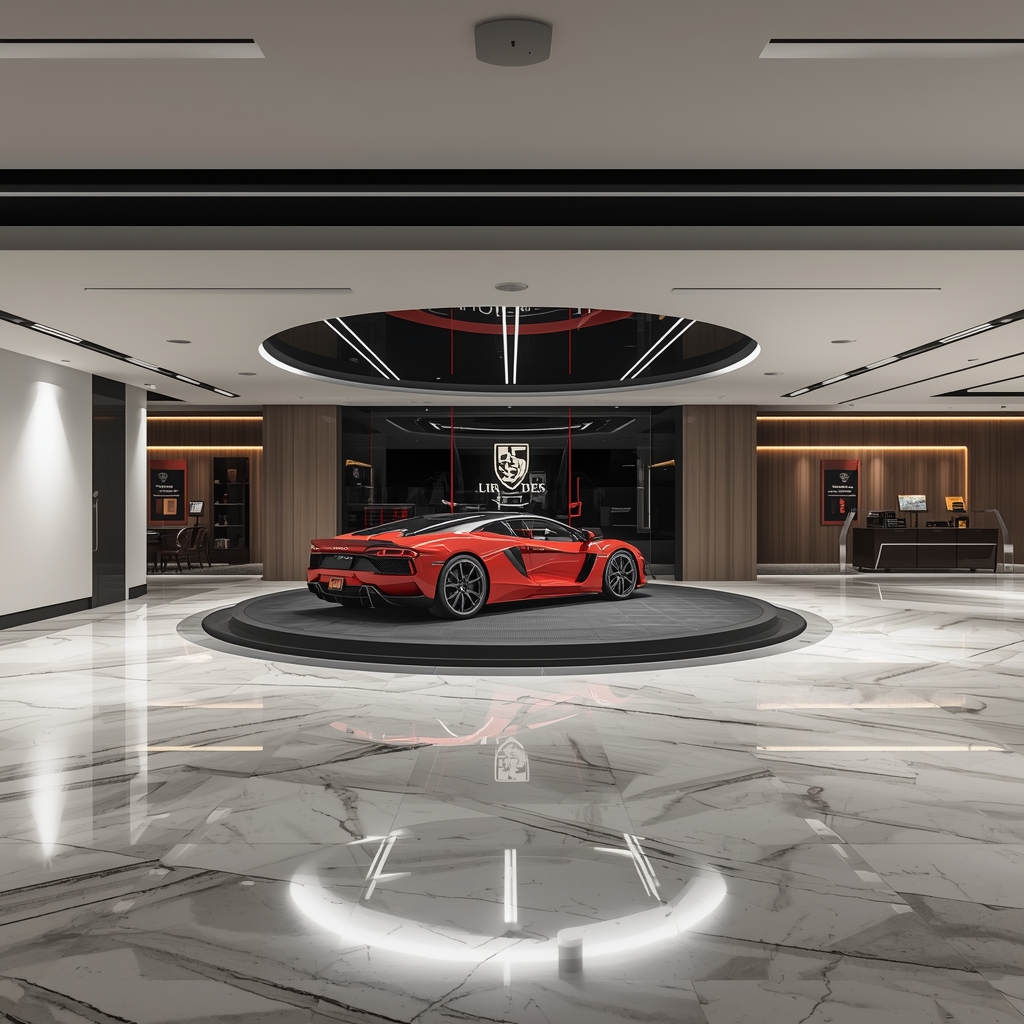 photorealistic wide shot of a pristine luxury car showroom with sleek lighting, marble floors, and a high-end sports car center stage, 8k resolution